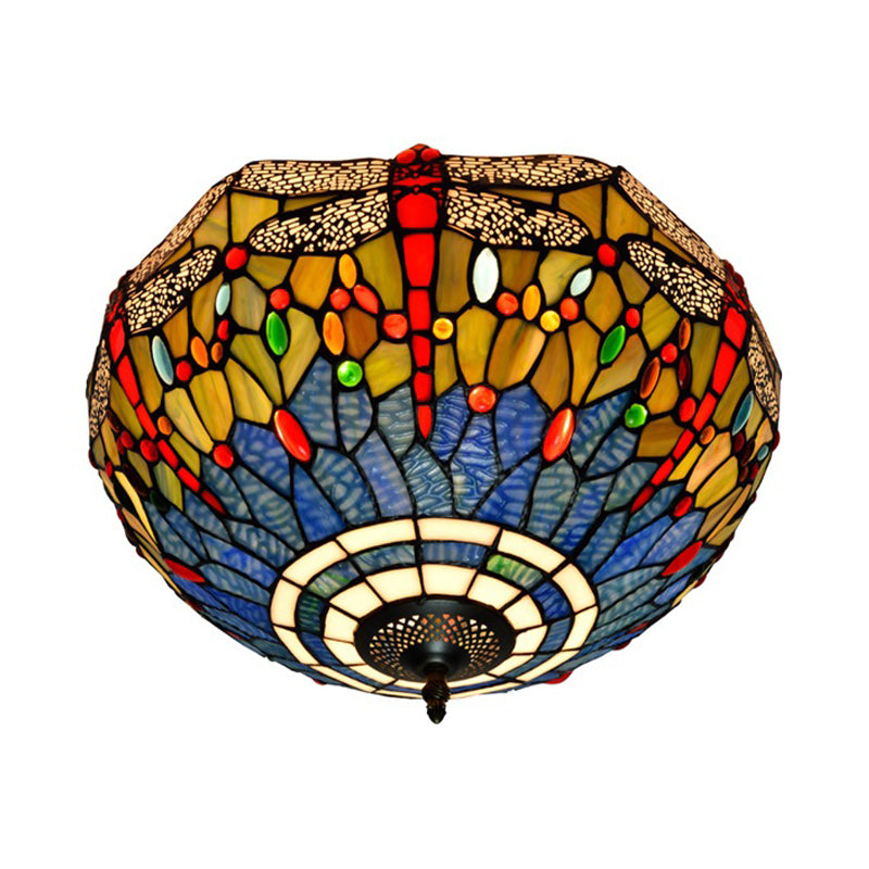 Tiffany Dragonfly Stained Glass Ceiling Lamp - Flush Mount Fixture in Red/Yellow/Orange - Perfect for Living Rooms