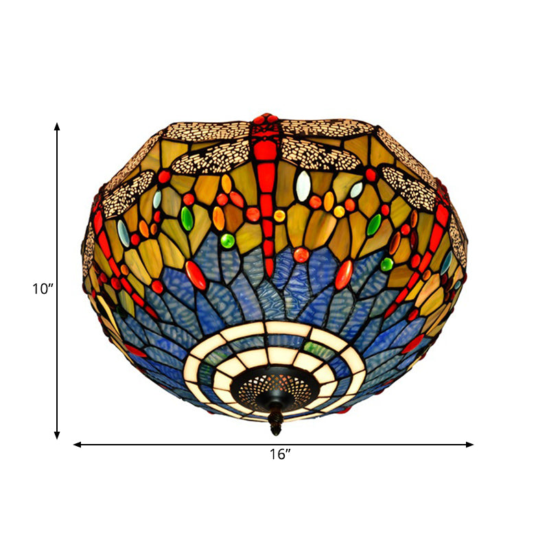 Tiffany Dragonfly Stained Glass Ceiling Lamp - Flush Mount Fixture in Red/Yellow/Orange - Perfect for Living Rooms