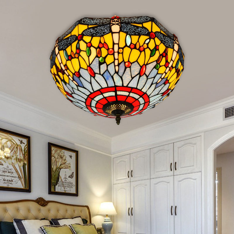 Tiffany Dragonfly Stained Glass Ceiling Lamp - Flush Mount Fixture in Red/Yellow/Orange - Perfect for Living Rooms