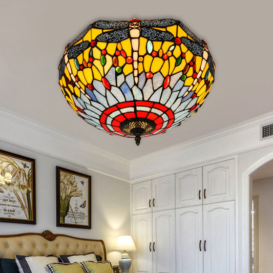Tiffany Dragonfly Stained Glass Ceiling Lamp - Flush Mount Fixture in Red/Yellow/Orange - Perfect for Living Rooms