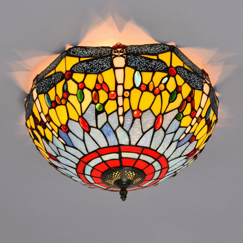 Tiffany Dragonfly Stained Glass Ceiling Lamp - Flush Mount Fixture in Red/Yellow/Orange - Perfect for Living Rooms