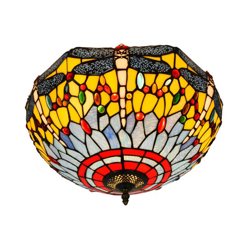 Tiffany Dragonfly Stained Glass Ceiling Lamp - Flush Mount Fixture in Red/Yellow/Orange - Perfect for Living Rooms