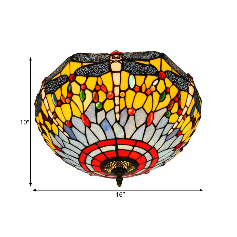 Tiffany Dragonfly Stained Glass Ceiling Lamp - Flush Mount Fixture in Red/Yellow/Orange - Perfect for Living Rooms
