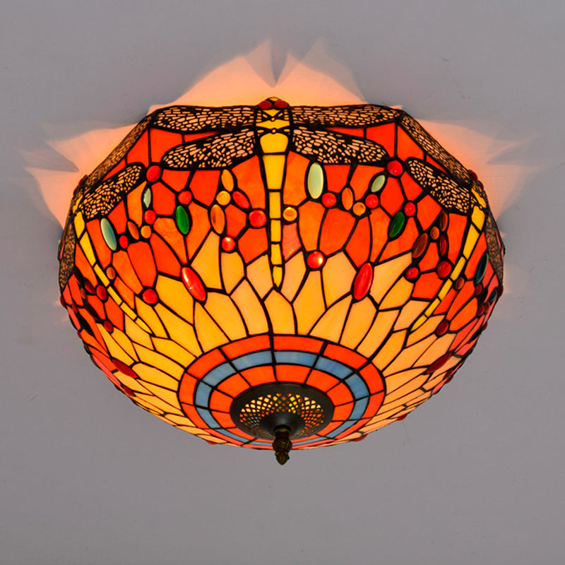 Tiffany Dragonfly Stained Glass Ceiling Lamp - Flush Mount Fixture in Red/Yellow/Orange - Perfect for Living Rooms