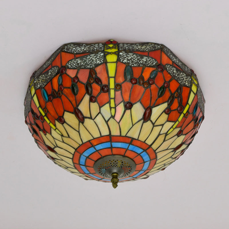 Tiffany Dragonfly Stained Glass Ceiling Lamp - Flush Mount Fixture in Red/Yellow/Orange - Perfect for Living Rooms