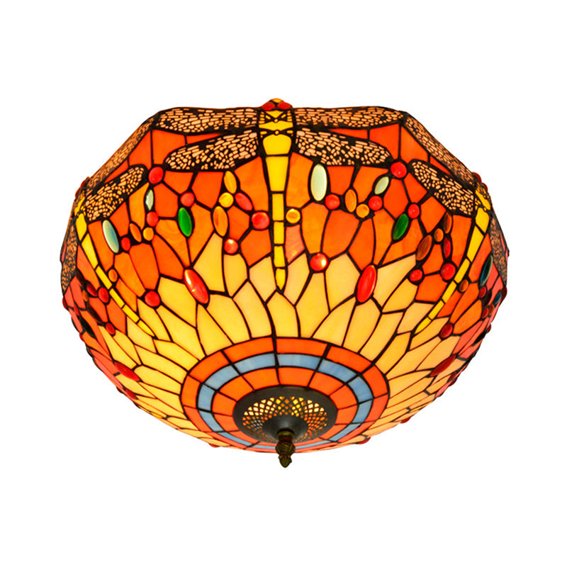 Tiffany Dragonfly Stained Glass Ceiling Lamp - Flush Mount Fixture in Red/Yellow/Orange - Perfect for Living Rooms