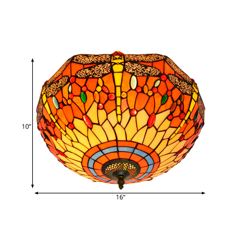 Tiffany Dragonfly Stained Glass Ceiling Lamp - Flush Mount Fixture in Red/Yellow/Orange - Perfect for Living Rooms