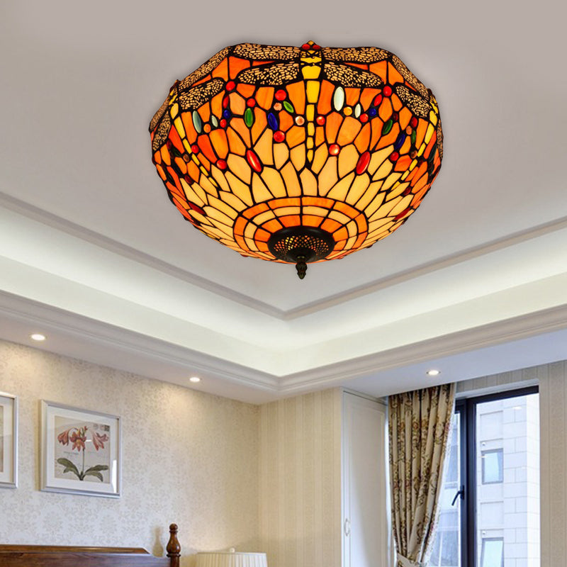 Tiffany Dragonfly Stained Glass Ceiling Lamp - Flush Mount Fixture in Red/Yellow/Orange - Perfect for Living Rooms
