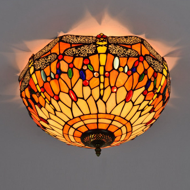 Tiffany Dragonfly Stained Glass Ceiling Lamp - Flush Mount Fixture in Red/Yellow/Orange - Perfect for Living Rooms