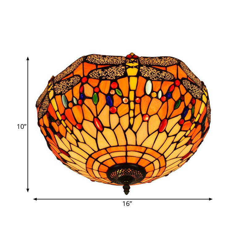 Tiffany Dragonfly Stained Glass Ceiling Lamp - Flush Mount Fixture in Red/Yellow/Orange - Perfect for Living Rooms