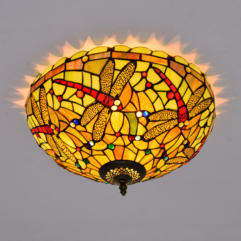 Tiffany-Style Dragonfly Cut Glass Ceiling Lamp - Bronze Flush Mount with 3 Heads - Elegant Light Fixture