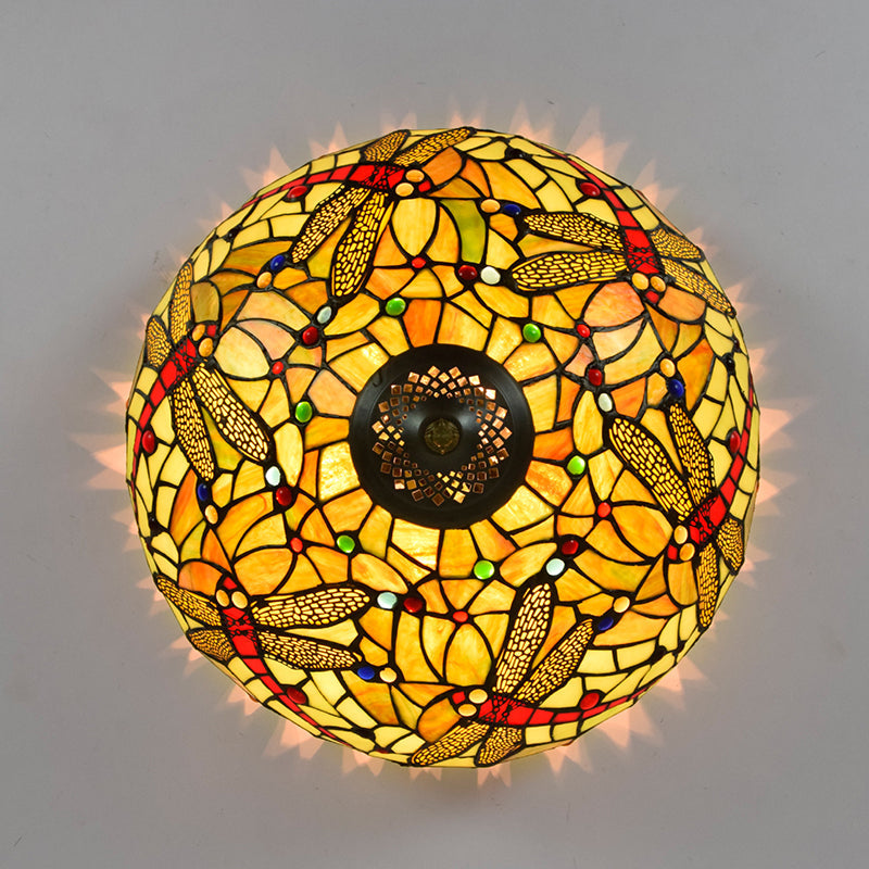 Tiffany-Style Dragonfly Cut Glass Ceiling Lamp - Bronze Flush Mount with 3 Heads - Elegant Light Fixture
