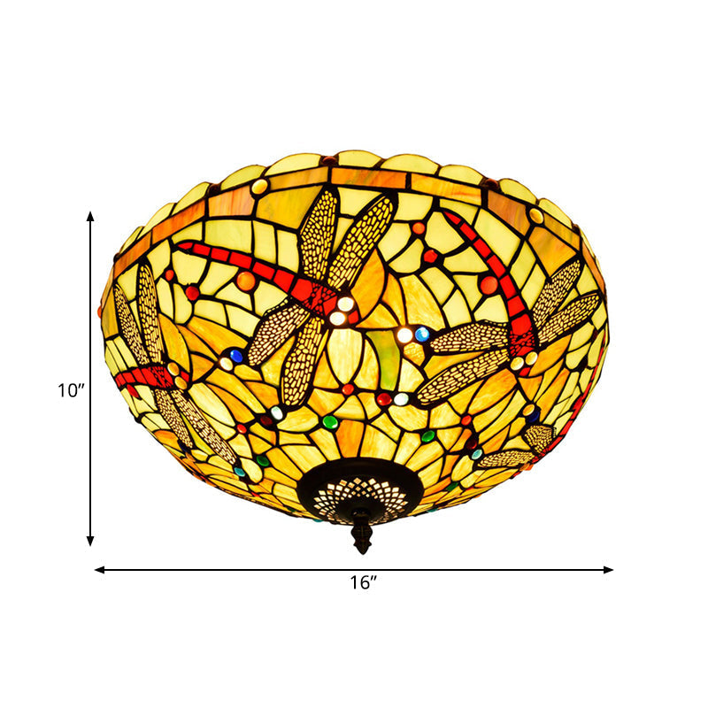 Tiffany-Style Dragonfly Cut Glass Ceiling Lamp - Bronze Flush Mount with 3 Heads - Elegant Light Fixture
