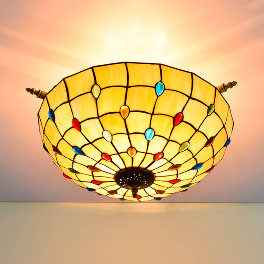 Tiffany Style Handcrafted Art Glass Ceiling Light Fixture - 5 Heads, Semi Flush Mount, Brass Finish - 21.5"/25.5" W