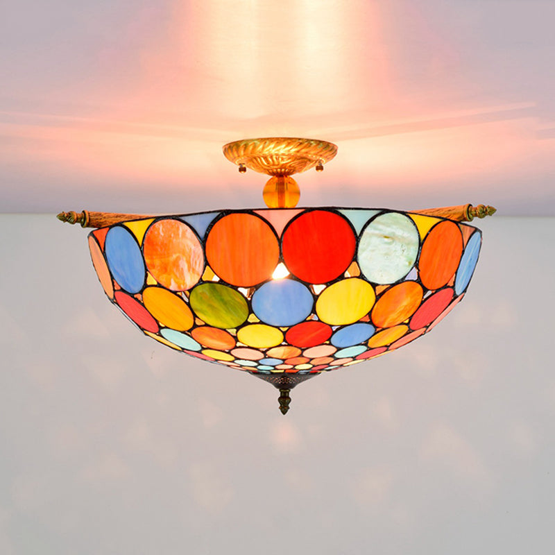 Tiffany-Style Stained Glass Circle Flush Mount Lighting with 5 Brass Heads - 21.5"/25.5" Wide