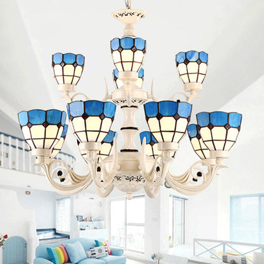 Lustre baroque en verre teinté blanc - Luminaire suspendu à 12 lumières avec motif de grille