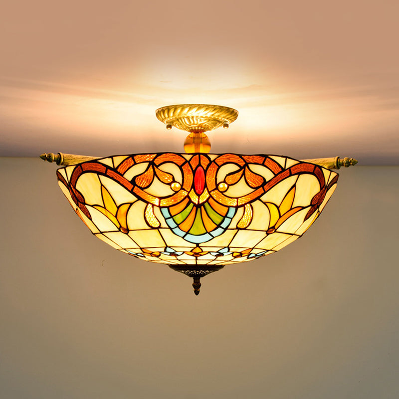 Handcrafted Baroque Dome Semi Flush Mount Ceiling Lamp with 5 Stained Glass Bulbs in White/Blue – 21.5"/25.5" W