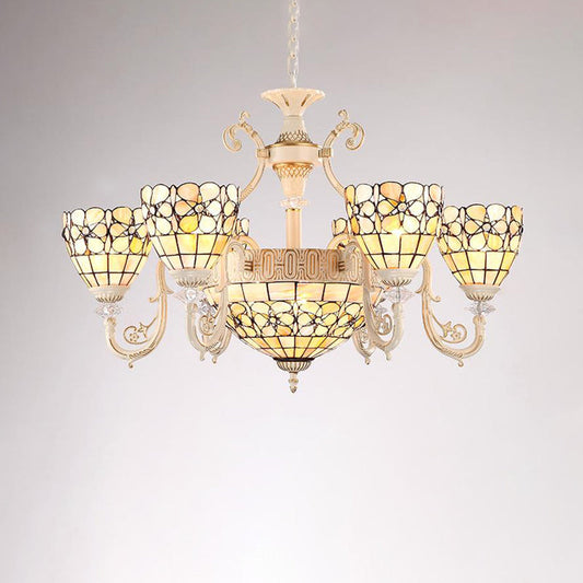 Lustre à fleurs beige style Tiffany : suspension à 8 lumières pour salon