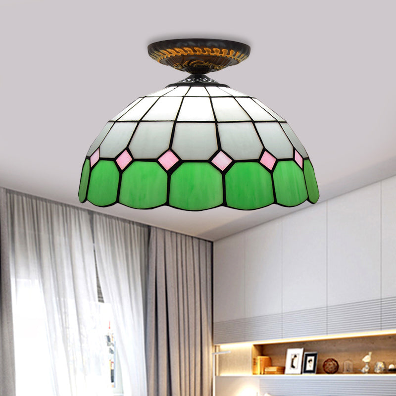 Handcrafted Stained Glass Tiffany Flush Mount Light: LED Grid Pattern, 1 Bulb, Close to Ceiling Lamp in Blue/Orange/Green