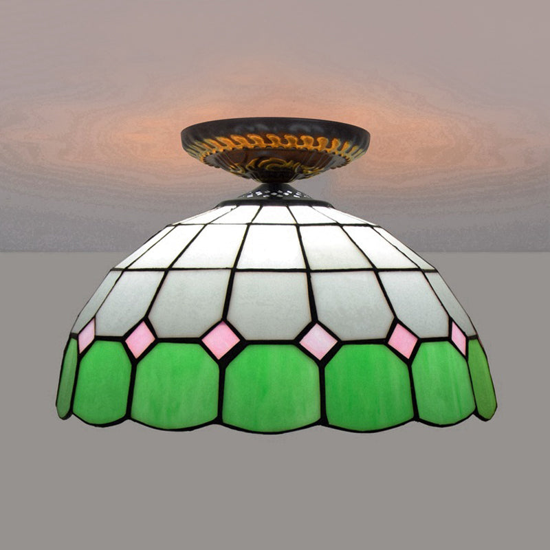 Handcrafted Stained Glass Tiffany Flush Mount Light: LED Grid Pattern, 1 Bulb, Close to Ceiling Lamp in Blue/Orange/Green