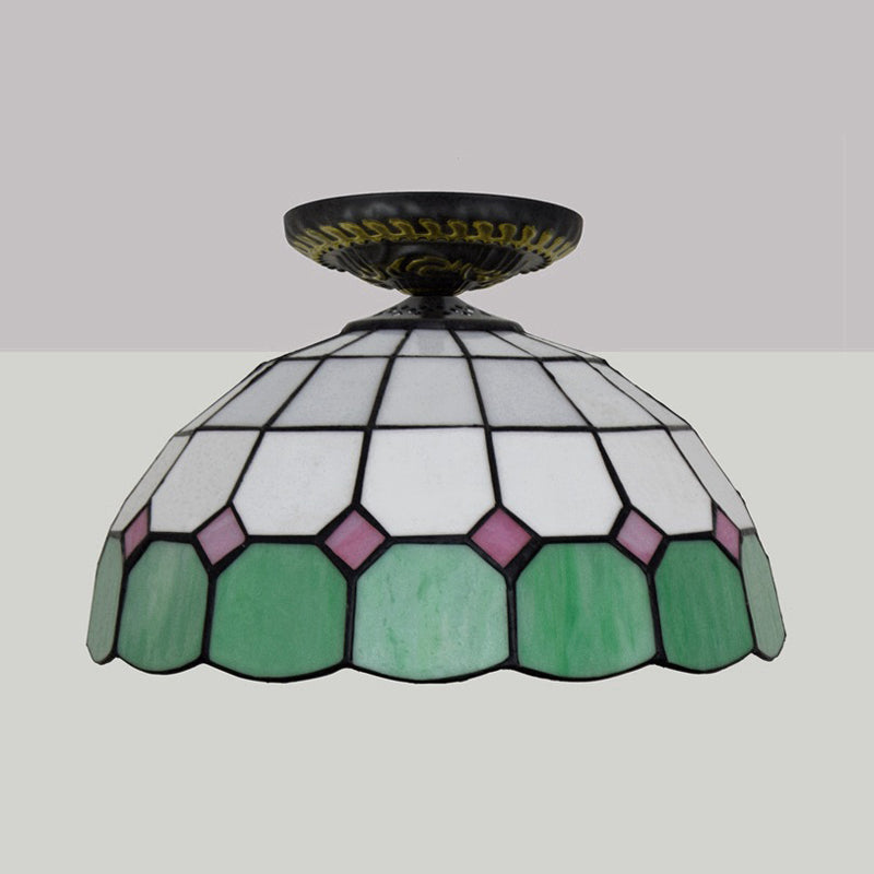 Handcrafted Stained Glass Tiffany Flush Mount Light: LED Grid Pattern, 1 Bulb, Close to Ceiling Lamp in Blue/Orange/Green