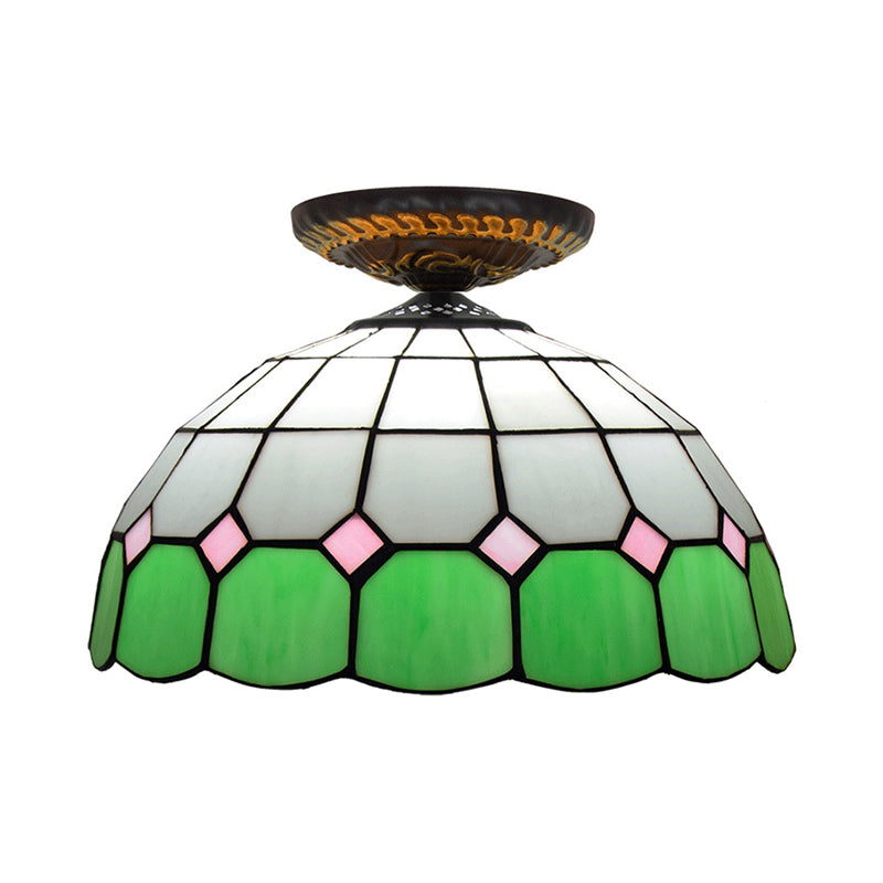 Handcrafted Stained Glass Tiffany Flush Mount Light: LED Grid Pattern, 1 Bulb, Close to Ceiling Lamp in Blue/Orange/Green