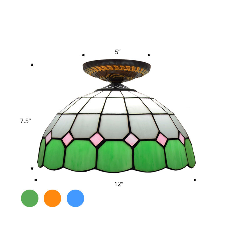 Handcrafted Stained Glass Tiffany Flush Mount Light: LED Grid Pattern, 1 Bulb, Close to Ceiling Lamp in Blue/Orange/Green