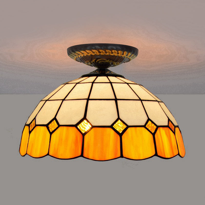 Handcrafted Stained Glass Tiffany Flush Mount Light: LED Grid Pattern, 1 Bulb, Close to Ceiling Lamp in Blue/Orange/Green