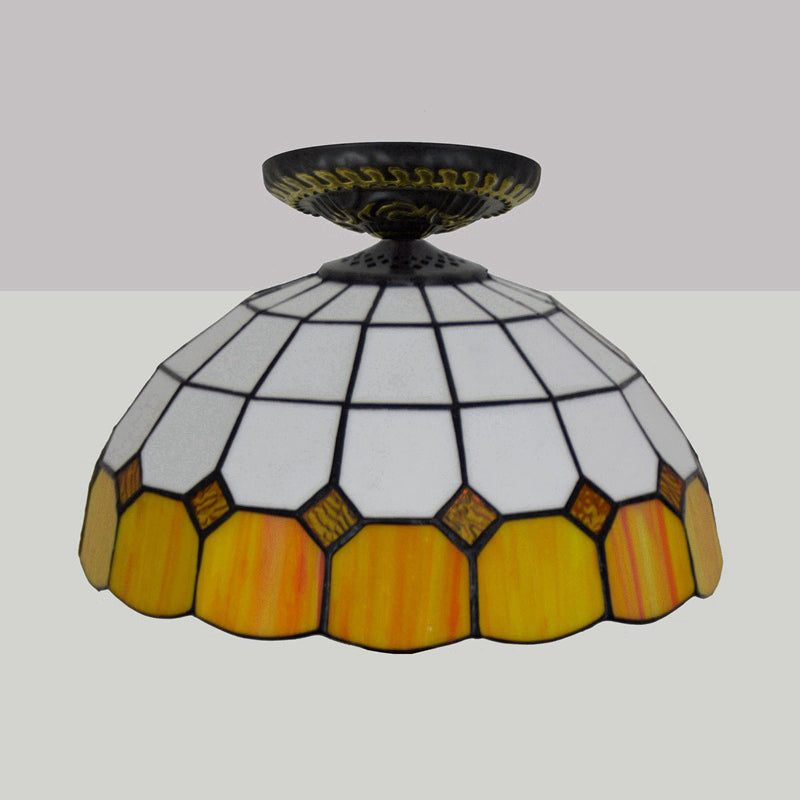 Handcrafted Stained Glass Tiffany Flush Mount Light: LED Grid Pattern, 1 Bulb, Close to Ceiling Lamp in Blue/Orange/Green