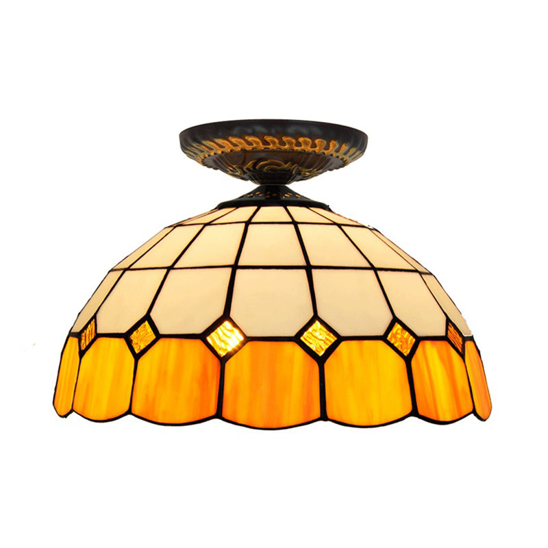 Handcrafted Stained Glass Tiffany Flush Mount Light: LED Grid Pattern, 1 Bulb, Close to Ceiling Lamp in Blue/Orange/Green