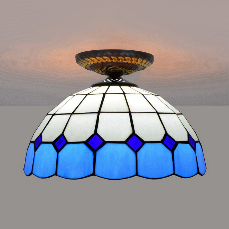 Handcrafted Stained Glass Tiffany Flush Mount Light: LED Grid Pattern, 1 Bulb, Close to Ceiling Lamp in Blue/Orange/Green