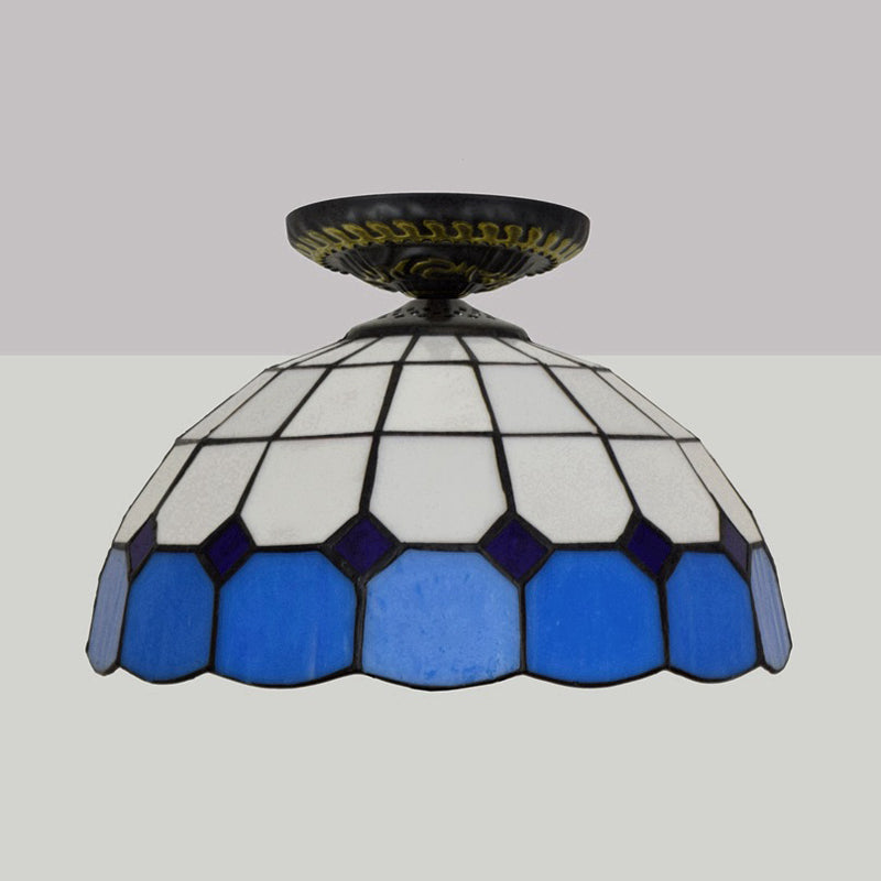 Handcrafted Stained Glass Tiffany Flush Mount Light: LED Grid Pattern, 1 Bulb, Close to Ceiling Lamp in Blue/Orange/Green