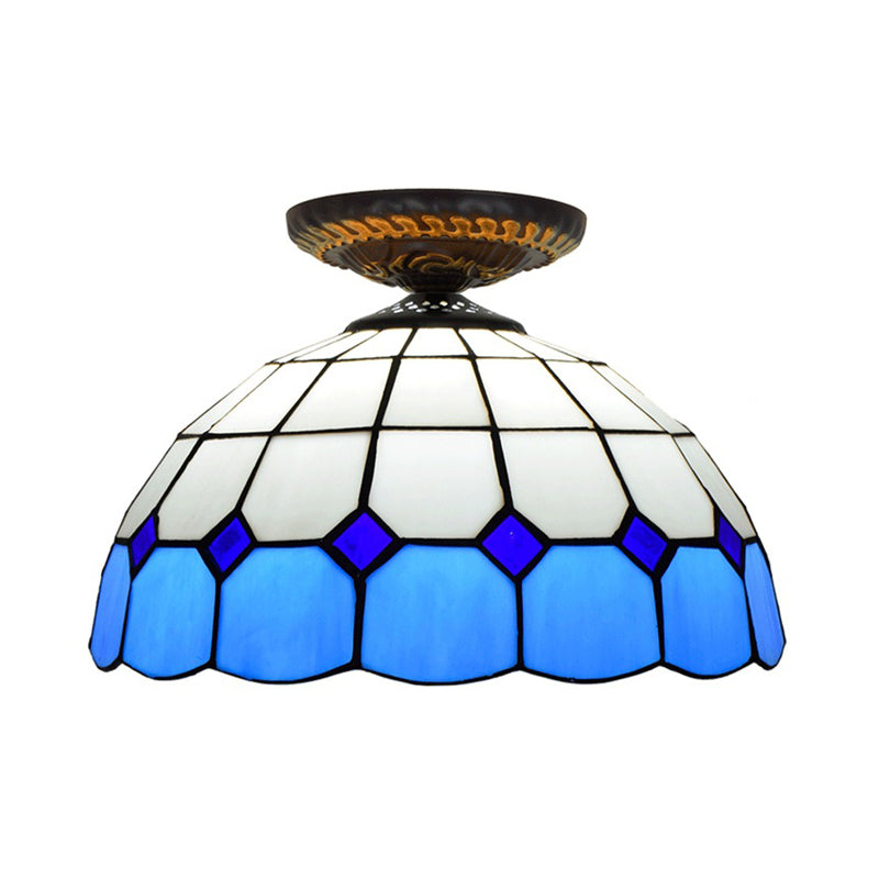 Handcrafted Stained Glass Tiffany Flush Mount Light: LED Grid Pattern, 1 Bulb, Close to Ceiling Lamp in Blue/Orange/Green