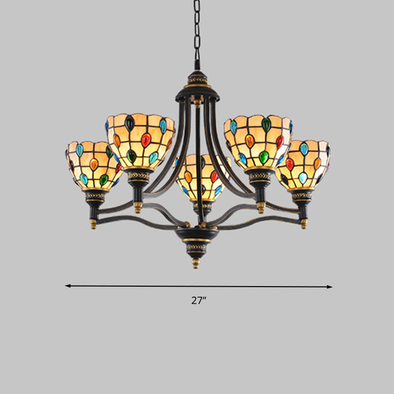 Tiffany Style Stained Glass Beaded Chandelier - Black and Gold, 3/6/8 Lights, Ceiling Pendant