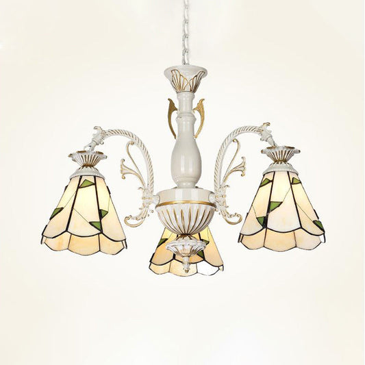 Lustre en vitrail - Style méditerranéen avec 3/5/11 lumières, blanc/laiton antique, suspension de plafond