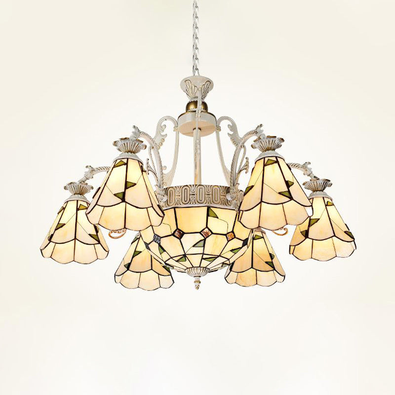 Stained Glass Chandelier Light Fixture - Mediterranean Style with 3/5/11 Lights, White/Antique Brass, Ceiling Pendant