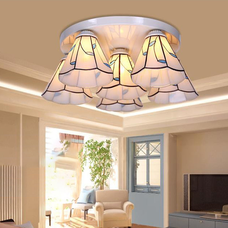 Blue Stained Glass Tiffany Ceiling Lamp for Living Room - Leaf/Stripes Flush Mount with 3/6 Lights