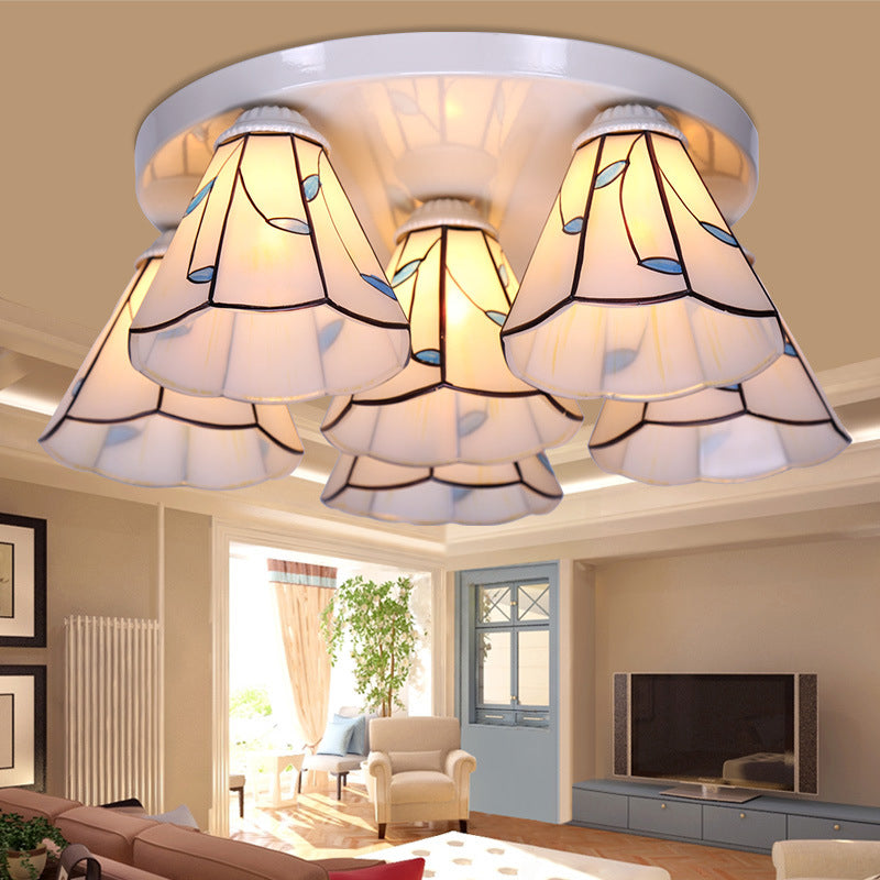 Blue Stained Glass Tiffany Ceiling Lamp for Living Room - Leaf/Stripes Flush Mount with 3/6 Lights