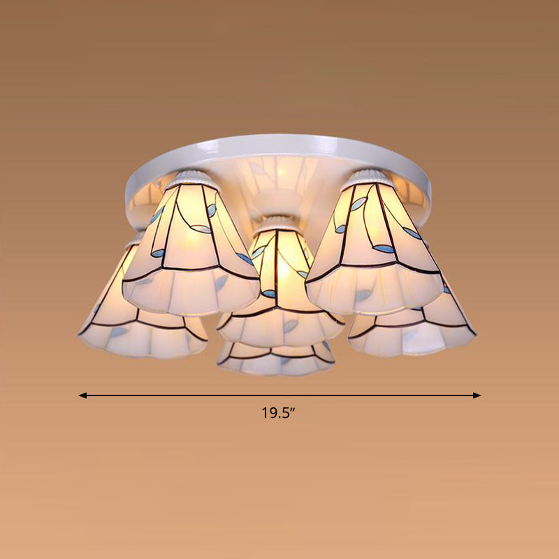 Blue Stained Glass Tiffany Ceiling Lamp for Living Room - Leaf/Stripes Flush Mount with 3/6 Lights