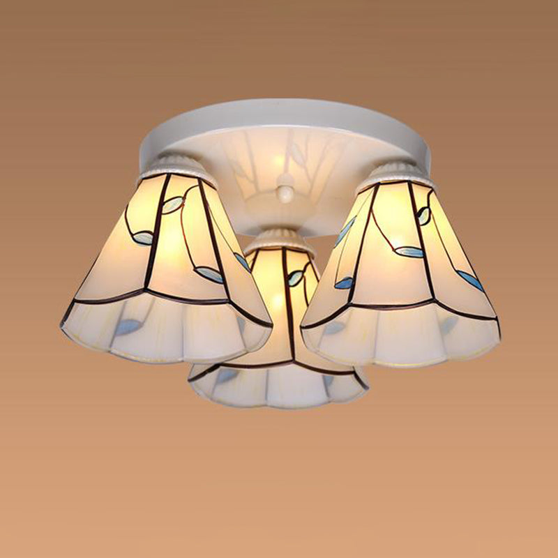 Blue Stained Glass Tiffany Ceiling Lamp for Living Room - Leaf/Stripes Flush Mount with 3/6 Lights