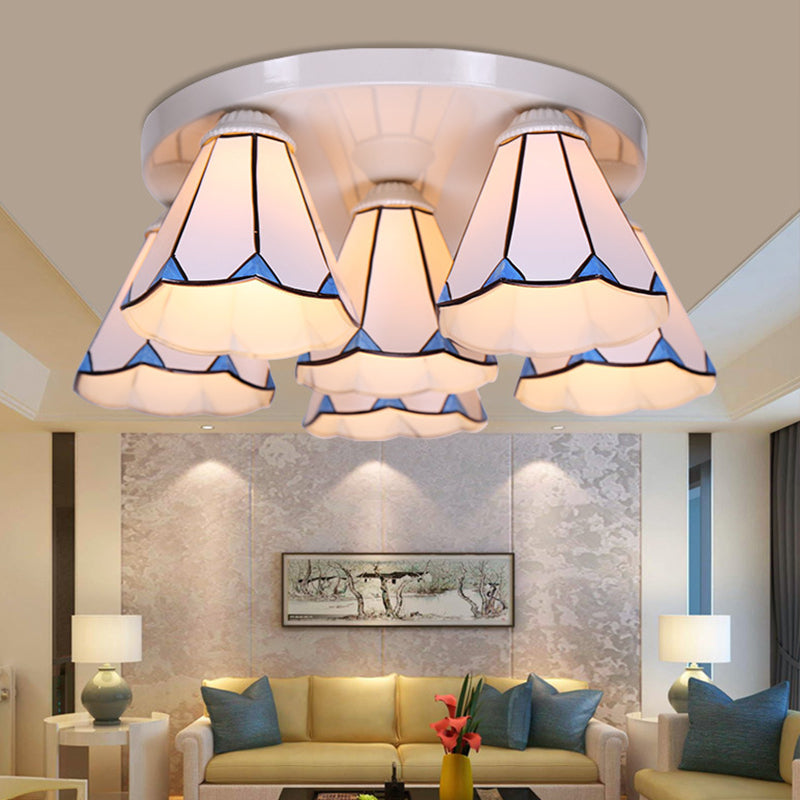 Blue Stained Glass Tiffany Ceiling Lamp for Living Room - Leaf/Stripes Flush Mount with 3/6 Lights