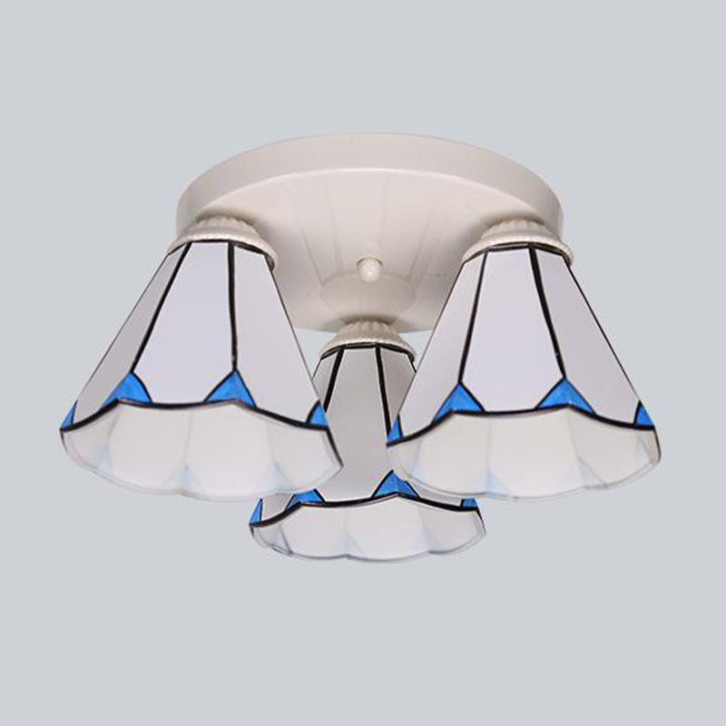 Blue Stained Glass Tiffany Ceiling Lamp for Living Room - Leaf/Stripes Flush Mount with 3/6 Lights