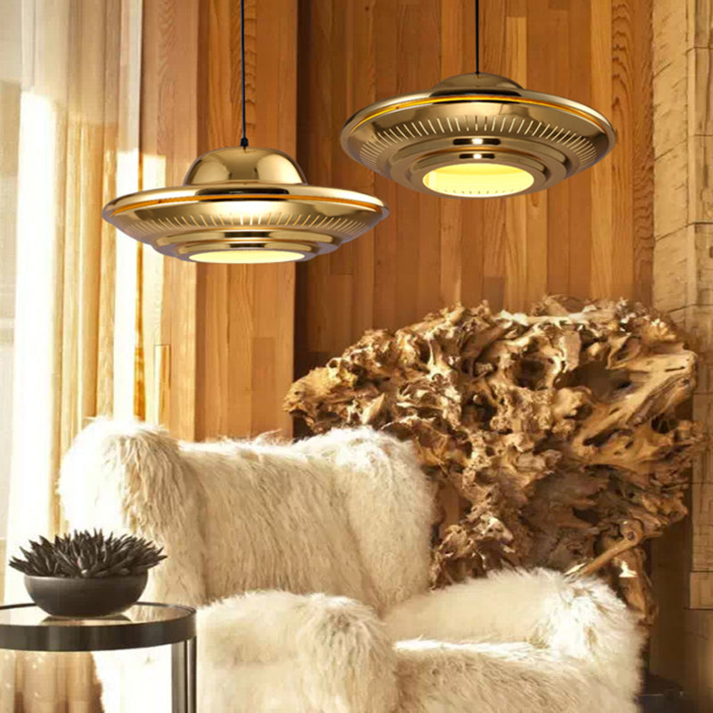 Modern Gold Saucer Pendant Light Fixture - 16"/18" Wide, 1-Light, Dining Room Hanging Kit