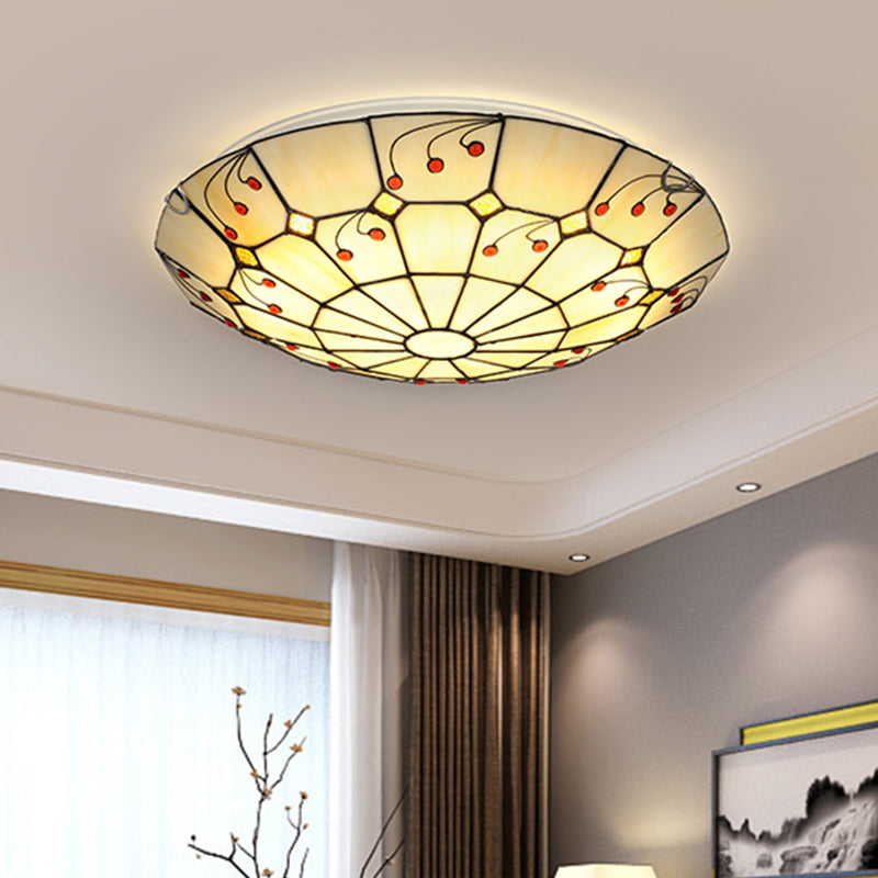 Tiffany Bowl Flush Light Fixture - LED Stained Glass Ceiling Mounted Lighting in Beige for Living Room (12"/16"/20.5") - Warm/White Light