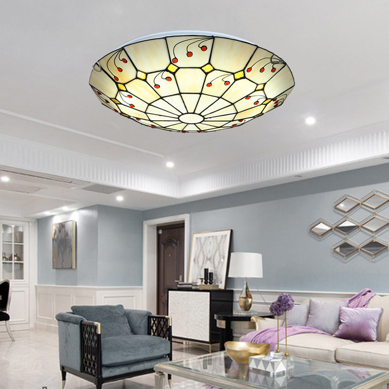 Tiffany Bowl Flush Light Fixture - LED Stained Glass Ceiling Mounted Lighting in Beige for Living Room (12"/16"/20.5") - Warm/White Light
