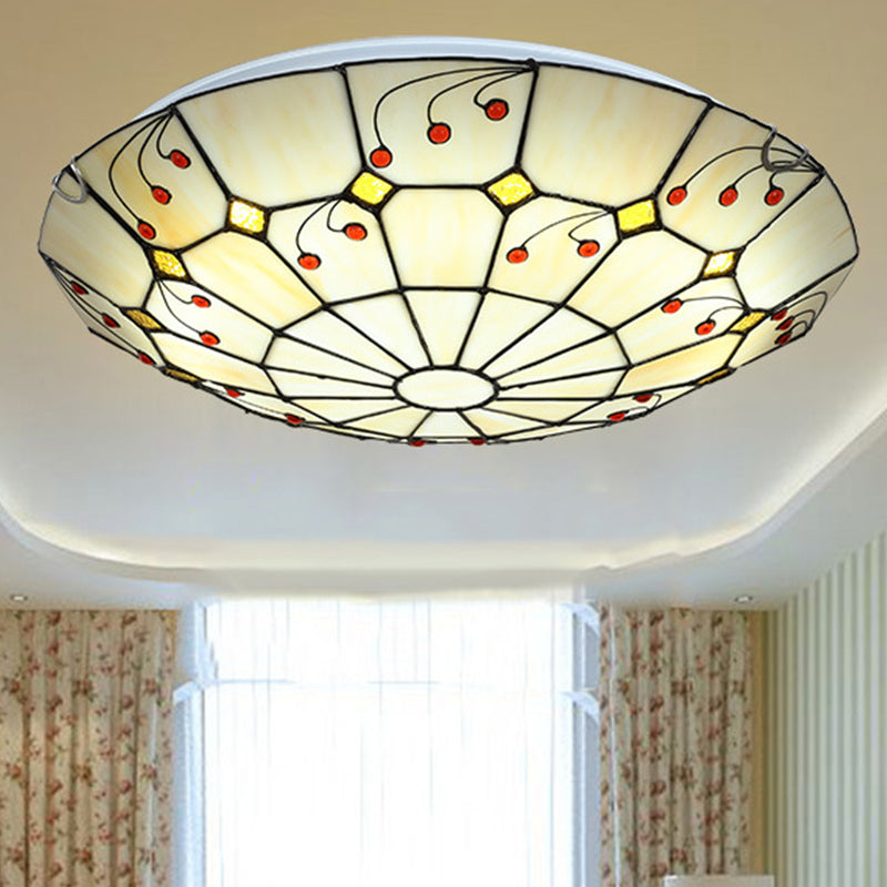Tiffany Bowl Flush Light Fixture - LED Stained Glass Ceiling Mounted Lighting in Beige for Living Room (12"/16"/20.5") - Warm/White Light