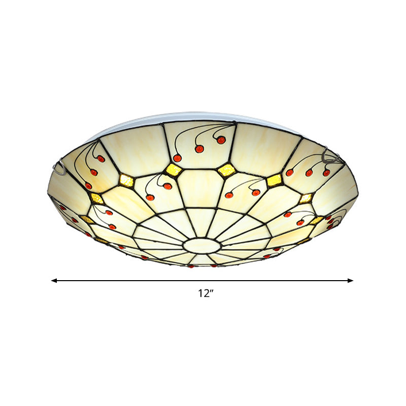 Tiffany Bowl Flush Light Fixture - LED Stained Glass Ceiling Mounted Lighting in Beige for Living Room (12"/16"/20.5") - Warm/White Light