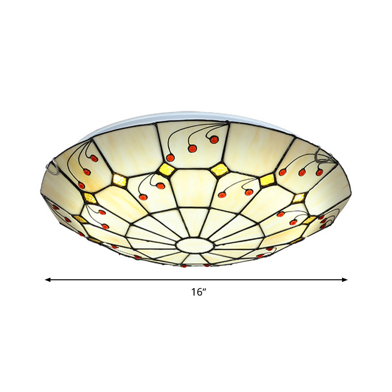 Tiffany Bowl Flush Light Fixture - LED Stained Glass Ceiling Mounted Lighting in Beige for Living Room (12"/16"/20.5") - Warm/White Light