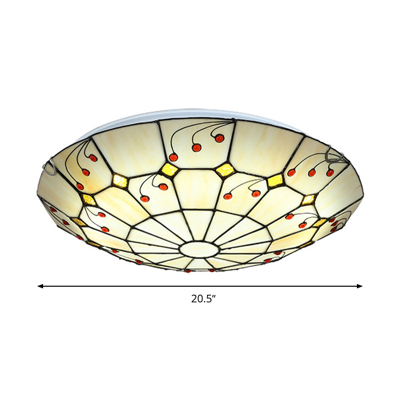 Tiffany Bowl Flush Light Fixture - LED Stained Glass Ceiling Mounted Lighting in Beige for Living Room (12"/16"/20.5") - Warm/White Light