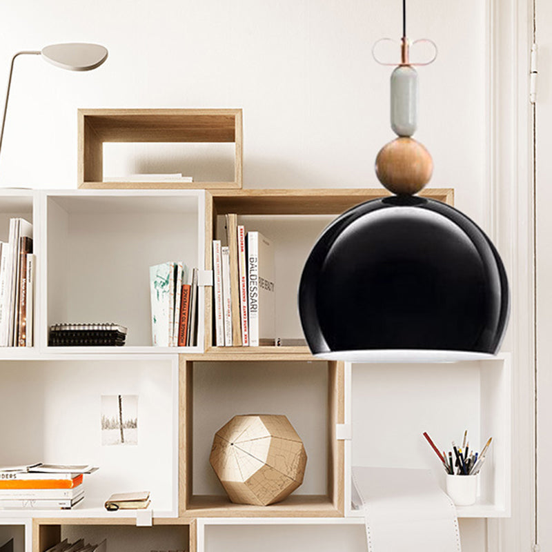 Contemporary Metal Domed Pendant Light Kit - 1-Light Down Lighting in Black/Red for Living Room